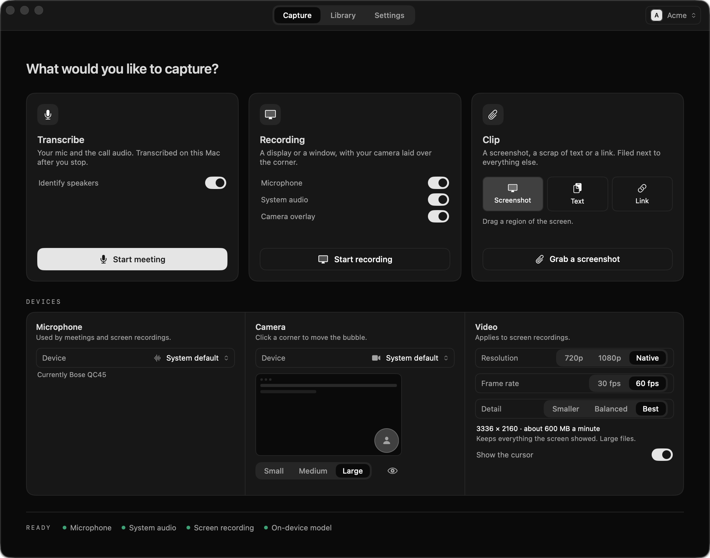 The Teamy Mac app: cards for Transcribe, Recording and Clip above a Devices panel holding the microphone, camera and video settings.